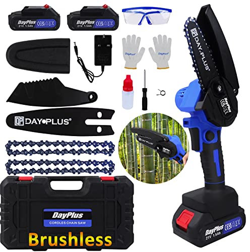 Mini Cordless Chainsaw 4 Inch, Mini Chainsaw Cordless Brushless with 2 Batteries 1.5Ah & 2 Chains, Handheld Electric Chainsaw Portable Small Chain Saw for Tree Branches, Courtyard, Garden Wood Cutting
