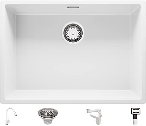 PRIMAGRAN Fregadero Granito Blanco 66x47cm, Cocina 1 Seno + Grifo 40x20cm + Sifón, Sobre encimera al mueble 70cm - London Slim
