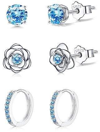 3 Pairs Sterling Silver Stud Earrings Set for Multiple Piercing Small Cartilage Hoop Earring and Rose Flower Blue Cubic Zirconia Studs Huggie Hoop Earrings for Women Teen Girls Kids Jewellery Gifts