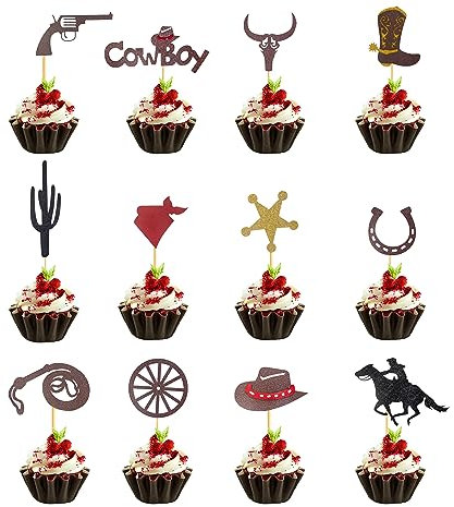 60 Pcs Cowboy Cupcake Toppers,Glitter Western Rodeo Cupcake Picks HorseShoe Cowboy Hats Boots Cactus Cupcake Picks for Western Theme Party Cake Decorations Supplies