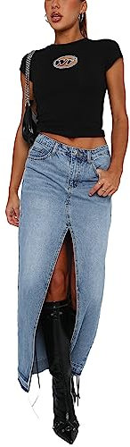 Gonna Lunga di Jeans Donna Vita Alta con Spacco Davanti Gonne Denim Y2K Vintage Harajuku Maxi Midi Gonna Gonne a Portafoglio in Denim Tinta Unita con Tasche (Blu, M)