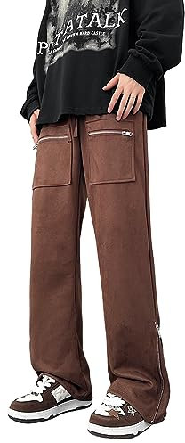 Skateboard Frog Pantaloni Uomo Elastico in Vita Y2K Pants Larghi Contrasto Gamba Larga Pantaloni Tuta con Cerniera Laterale (176 Coffee,L)