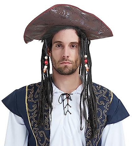 ITODA Karibischer Piratenhut Halloween Piratenkostüm Piraten Kapitän Hut mit Perücke Dreispitzhut Piratin Piratenbraut Mütze mit Perlen Piratenkappe Kinder Erwachsene Kopfbedeckung Cosplay Fasching