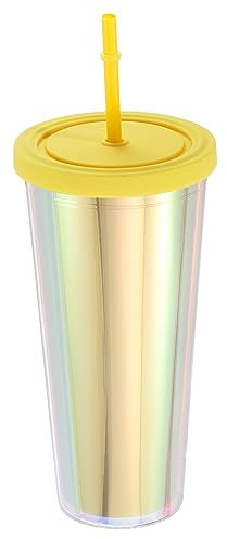 uxcell Vaso acrílico con tapa y popote, vasos de doble pared aislados de 24 onzas para café helado, vasos de viaje iridiscentes para regalos de cumpleaños, fiestas (amarillo)