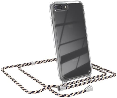 EAZY CASE - Hülle mit Kordel - iPhone 8 Plus / 7 Plus, Transparente Handyhülle mit verstellbarem Kettenband zur Umhängeband, Handyhülle mit Kette, Ersatzgurt in Taupe Camouflage mit Clip Silber