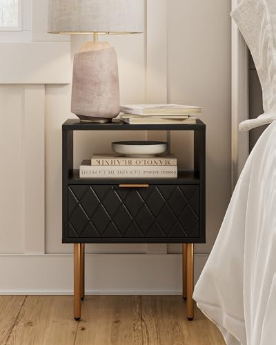 HEYZOEY Bedside Table, Small Bedside Tables with Drawer and Storage Shelf, Wooden Nightstand with Gold Legs, Mid-Century Modern Bed Side End Table for Bedroom, Living Room, Black
