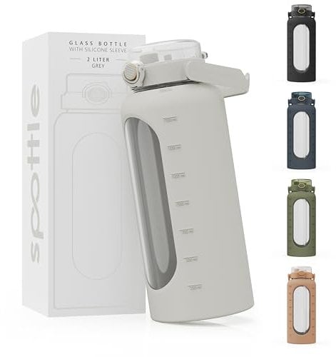 spottle Botella de cristal de 2 litros – Botella de cristal de 2 l con pajita – Botella de agua grande con funda protectora de silicona – antigoteo – apta para lavavajillas – libre