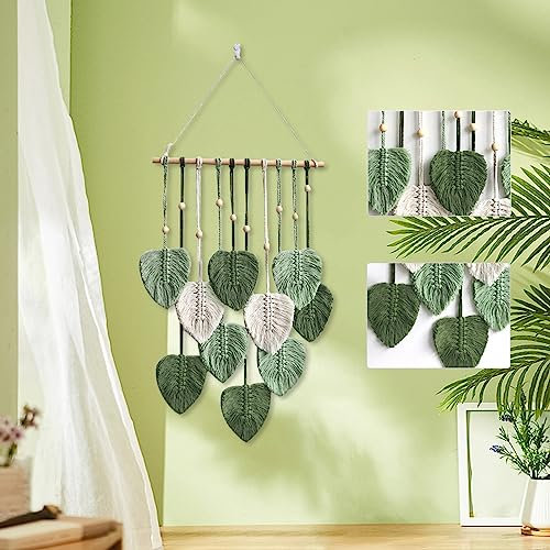 Segutage Makramee-Wandbehang Blätter, große Feder, Wandbehang, Dekoration, handgefertigtes Garn, gewebte Wandkunst, Blattdekorationen, Wandteppiche für Kinderzimmer, Schlafzimmer, Wohnzimmer, 40 x 80