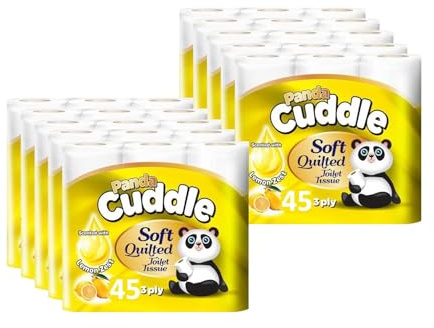 Panda Cuddle Soft Quilted Toilet Rolls, Super Quality 3 Ply Toilet Tissue Enriched with Lemon Fragrance, Provide Ultimate Quilted Comfort - 90 Rolls