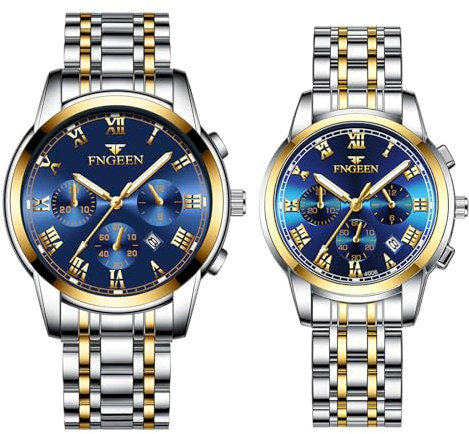 JewelryWe Paar Uhren Edelstahl Leuchtzeiger: Datum Kalender 30m Wasserdicht Analog Quarz Pärchen Armbanduhr Partner Freundschaft Uhr mit Blau Römischen Ziffern Zifferblatt & Edelstahl Band
