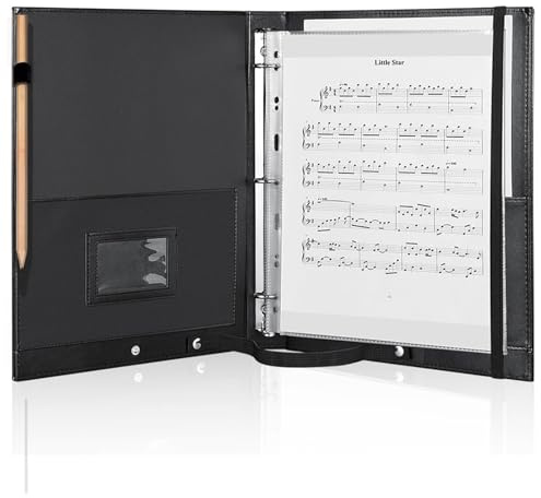 MUDOR Premium Choral Muisc Folder, PU Choir Folder with Hand Strap and Internal Retention Strap,3 Ring Black Choir Binder for Musician, Singer, Stage Performance