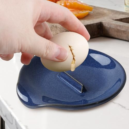 Egg Cracker & Spoon Holder, Spoon Rest for Kitchen, Ceramic Spoon Holder for Stove Top, Cooking Spoon Holder,Heat Resistant Utensil Rest for Countertop, Dishwasher Safe, Blue (Blue)