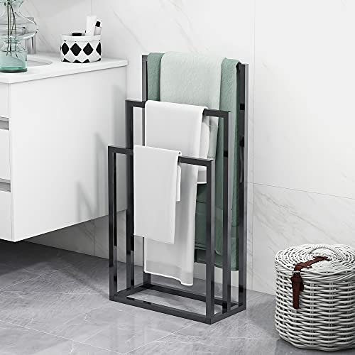 3 Tier Black Freestanding Towel Rail Chrome Towel Rack Stand,Anti-rust Coating Metal Ladder Towel Holder for Bathroom Accessories Organizer for Bath & Hand Towels Storage,Washcloths,Next to Tub