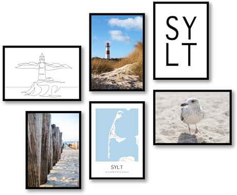 MJ-GRAPHICS® - Mood Poster-Set Sylt - Naturbilder für Wohnzimmer und Schlafzimmer - Wandposter in 6xA3, hochwertiger Kunstdruck - Nordsee, Dünen, Strände, Leuchttürme, Möwen - ohne Rahmen