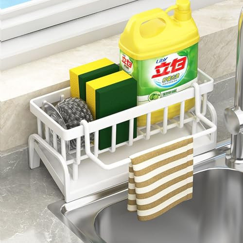 BRYN Porte Eponge evier Cuisine, Acier Carbone Support Eponge evier Cuisine, Range Eponge evier avec Porte-Serviettes, Organisateur evier Cuisine pour Brosse, Savon à Vaisselle, Salle de Bain (Blanc)