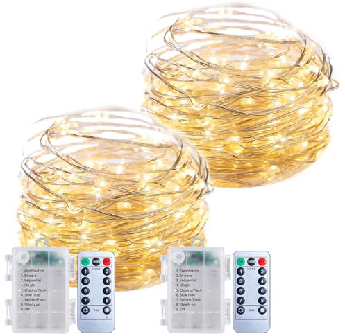 Lichterkette innen Batterie 2 x 100 LEDs Lichterketten Draht mit Timer, 8 Modi, 10m mini Lichterkette mit Fernbedienung, Klein LED Lichterkette Dimmbar für Kinder Weihnachtsbaum Camping, Warmweiß