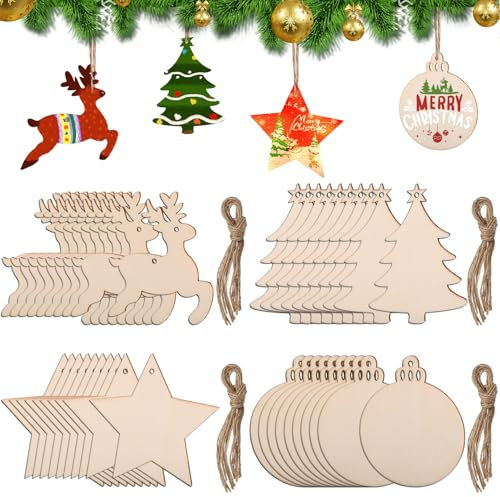 Dncvb Weihnachten Holz 40 Stück Holzanhänger Weihnachten mit Juteseil, Weihnachtsbaum Deko Holz, Weihnachtsanhänger Weihnachtsanhang Holz für DIY Anhänger Dekoration
