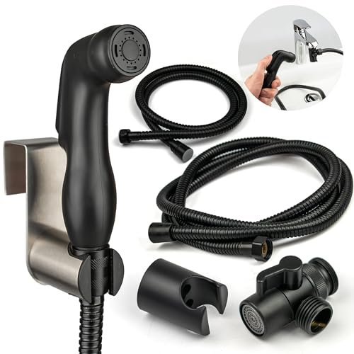 Black Portable Bidet Sprayer Kit | شطاف المسافر | Brass Shattaf Tap Diverter | 2 Spray Holders | Wall Mount & Hook & 2 Hoses (1.2m & 2m) | شطاف نحاسي | Hygiene Douche Bidet Spray for Toilets