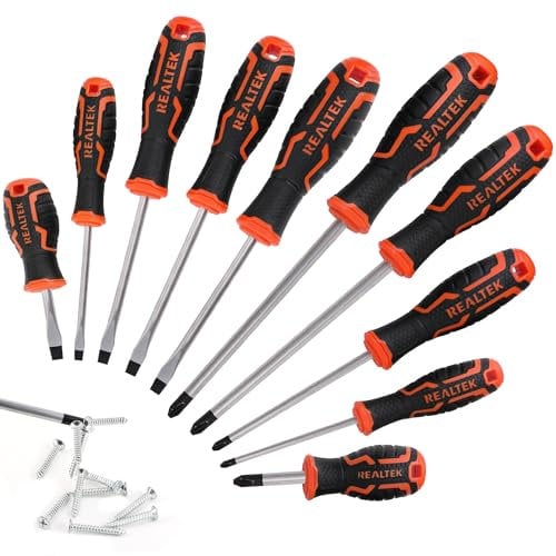 REALTEK 10 Pcs Screwdriver Set, Heavy Duty Chrome Vanadium Steel Made, Magnetic Screw Driver, 5 Phillips and 5 Flat, Hand Repair Tools Screwdriver Set for Fastening and Loosening
