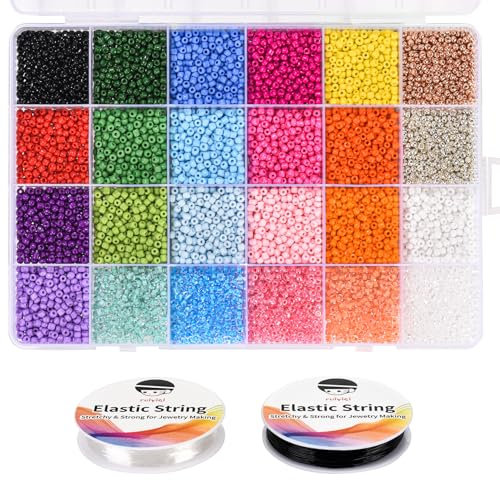 RUIYIQI 3mm Kleine Glasperlen, 8200 Rocailles Perlen für Armbänder, Buntes Perlenset mit Nylonfaden für Schmuckherstellung, Stickerei, Basteln (24 Farben)