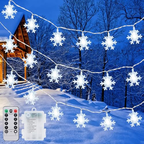 Lumières de Noël Interieur Exterieur, 6M 40LED Flocon de Neige Guirlande Lumineuse Noël à Pile Étanche Décoration Noël Exterieur Interieur Jardin Terrasse Chambre Fenetre Déco Noël Exterieur