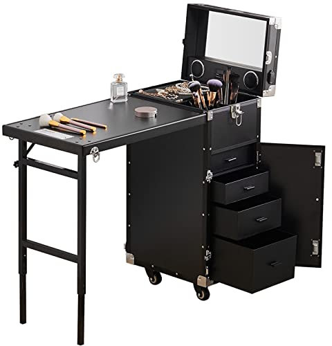 Portable Mobile Manicure Desk, with Pull Rod Makeup Table, Foldable Nail Table, With Storage, Worktable and Mirror (Black)