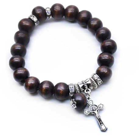 Perle in Legno per Perle DI Rosario Corda DI Rosario Cattolico DI Rosario Cattolico Con Croce in Bronzo Placcatura Bracciale rosario in lega bracciale rosario uomo e donna (Marrone scuro)