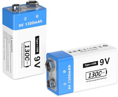 9 V Rechargeable Batteries 1300 mAh 9 Volt Alkaline Battery Durable Power 9 V Battery for Smoke Detector (Pack of 2)
