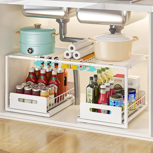 YunNasi Organizador Bajo Fregadero, Armario 2 Niveles Metal Ampliable Estantería Bajo Fregadero, Bandeja Extraible Mueble Almacenaje para Cocina Baño (Blanco, A-Estilo)