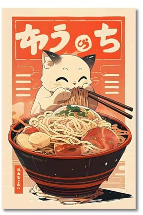 XENITE Wandkunst-Leinwanddrucke Kawaii Japanische Ramen Tier Katze Leinwand Drucke Gemälde Home Decor Nudeln Essen Wand Kunst Poster Küche Zimmer Dekoration(K,20x30cm)