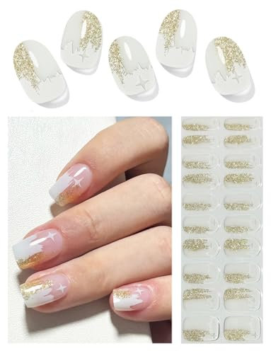 Wahrshei UV Gel Strips | 20 Stück Gold Glitter Nagelfolie Selbstklebend | Nail Stickers, Wraps für Nagel