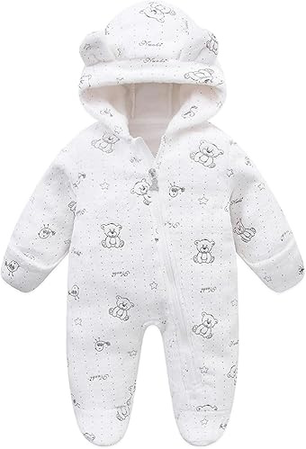 Tuta da neve per neonato maschietto, tutina in pile, caldo, con orsetto, bianco, 0-3 Months