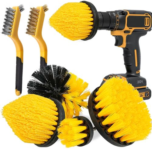 6pcs Drill Brush Attachment Set, 4pcs 1/4in Power Cleaning Brushes + 2pcs Hand Mini Wire Brushes, Drill Brush for Cleaning Bathroom, Tile, Carpet, Grout, Car Wheels, Kitchen