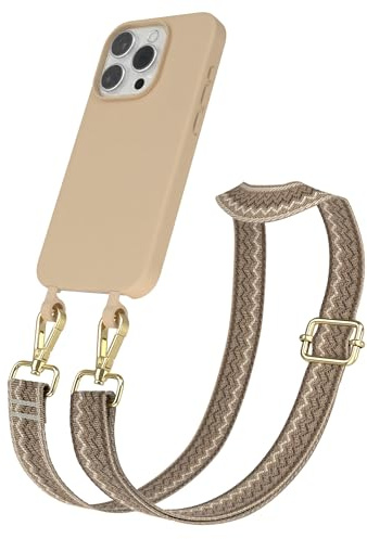 EAZY CASE - Hülle mit Band kompatibel mit iPhone 15 Pro Handyhülle für iPhone 15 Pro Schutzhülle Silikonhülle mit Handykette zum Umhängen 2in1 Hülle Handykordel Wellen - Hell Braun Braun Metall Gold