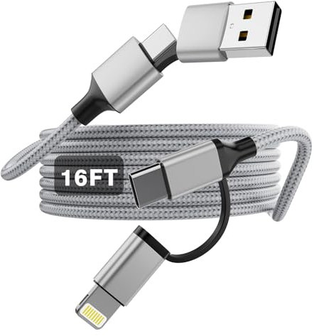 Extra Long iPhone Charger Cable 5M, 60W Fast Charging Cable USB-C and Lightning 4-in-1 Cable 15FT Braided Charging Cord Multi Charger Cord Combo Lightning/Type C/USB A for iPhone iPad Samsung (Grey)