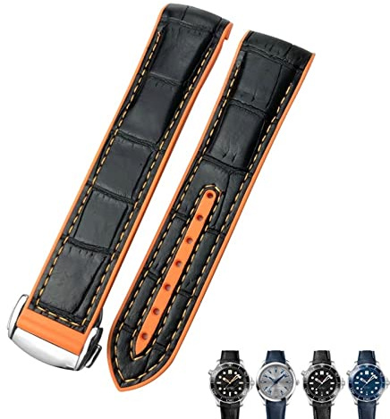 NFRFK 21 mm 22 mm Gummi-Lederarmband 19 mm 20 mm für Omega Seamaster 300 Speedmaster AT150 HydroConquest Sportarmband(Black leather orange,21mm)