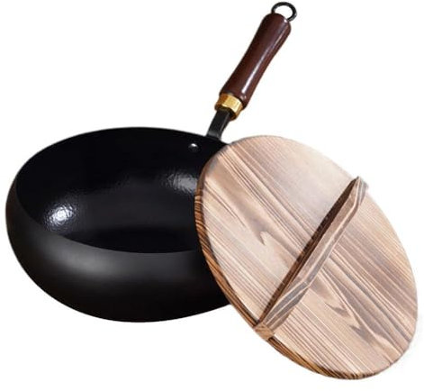 Poêle japonaise en fer avec couvercle en bois, poêle à repasser antiadhésive forgée à la main, poêle à frire de 20 cm, sans revêtement chimique, wok chinois à fond plat pour cuisinières électriques, à