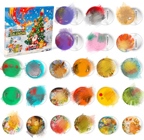 YFCHOTI Adventskalender Kinder Button-Abzeichen, 24 Stück 32mm Cartoon-Anime Anstecker Set zum Sammeln & Dekorieren, Weihnachtskalender-Countdown-Überraschungen Kleine Geschenke für Jungen Mädchen
