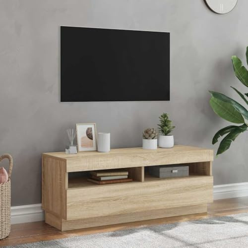 HETFTJN TV Lowboard mit RGB LED Sonoma Eiche 100x35x40 cm Massiv Holzwerkstoff Fernsehtisch Stabil Modern für Wohnzimmer Schlafzimmer Büro