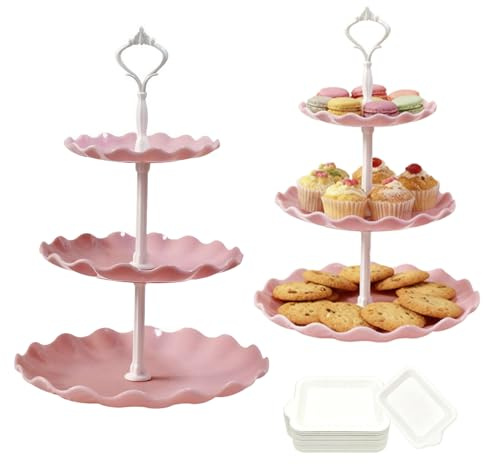 3 Tiers Cake Display Stand, 2PCS Party Server Plates Stands with 30 Dinner Plates, Reusable Afternoon Tea Stands for Baptism Baby Birth Blue Communion Wedding Graduation(Pink)