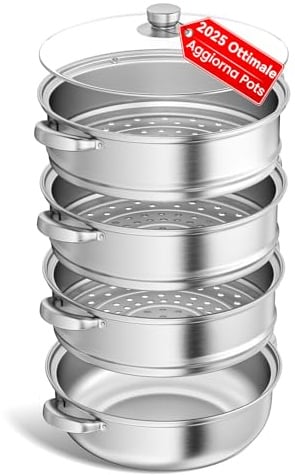 Vaporiera per cucinare Pentola per cottura a vapore in acciaio inossidabile da 28 cm con cestello per cottura a vapore, pentole a 3/4/5 livelli con coperchio per cucinare verdure, zuppe (4 livelli)