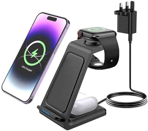 Wireless Charger, 3 in 1 Wireless Charging Station for iPhone 16 17 15 14 13 12 11Series, Phone and Watch Charger Stand for Apple Watch Ultra/10/9/8/7/6/5/4/3/2/SE, AirPods Pro/4/3/2