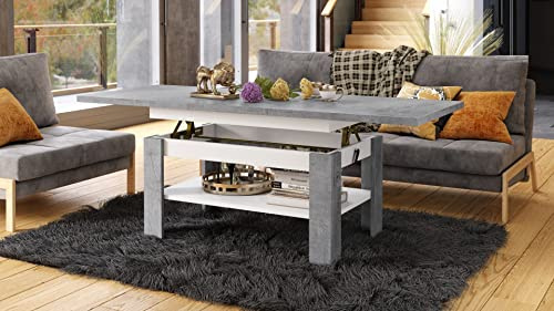 designimpex Rio Couchtisch ausziehbar höhenverstellbar 130/170 cm in Beton/Weiß Matt modern Ablage Wohnzimmertisch Esstisch Beistelltisch Sofatisch Couch Tisch Living Room Table Wohnzimmer