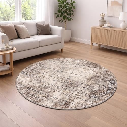 CARPETIA Kurzflor Teppich Rund Vintage Steinoptik Beige Grau Ø 80 cm | Weich, pflegeleicht, strapazierfähig, formstabil, saugrobotergeeignet und allergikergeeignet, für Fußbodenheizung