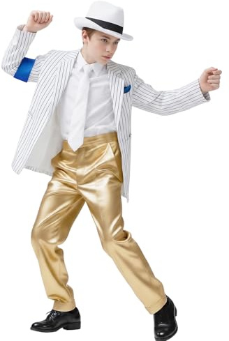 Koongso Pop King Michael Stage Outfits, Rockstar MJ Tour Blazer Suit - White Stripe Jacket Pants &Tie 80s 90s Dress Set for Halloween Dance Party Casual