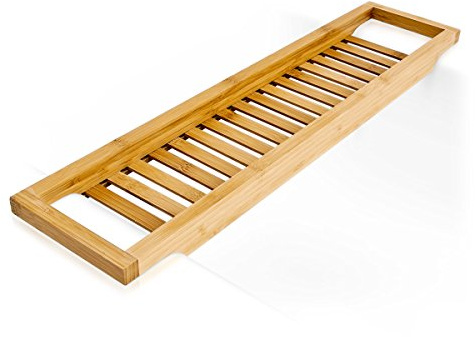 House & Homestyle Bamboo Slimline Bath Bridge, Compact Bathroom Caddy Tray, Narrow Over Bathtub Storage Rack – Brown (67cm x 14.5cm)