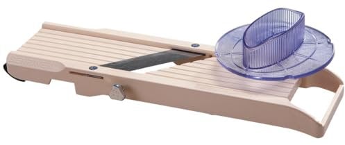 Benriner - Mandoline Japonaise Premium 64 mm + Poussoir de sécurité 65 mm - ABS + Inox - Tranche Fruits et Légumes et Réalise Frites et Juliennes - 3 Lames Interchangeables