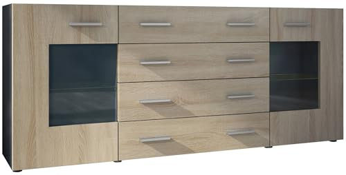 Vladon Sideboard Grömitz V2, Kommode mit 2 großen Türen und 4 Schubladen, Anthrazit matt/Eiche sägerau (166,5 x 75,5 x 35)