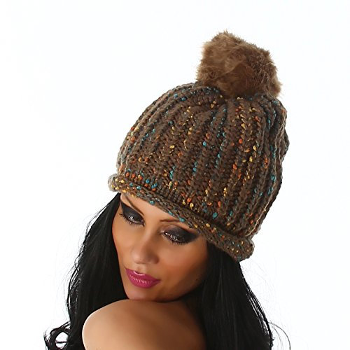 Jela London Damen Beanie Bommel Strick Mütze Mehrfarbig offene Kante, Braun