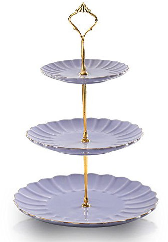 Sweejar Keramik-Tortenständer mit 3 Etagen, für Hochzeit, Dessert, Cupcake-Ständer für Teeparty, Servierplatte (lila)